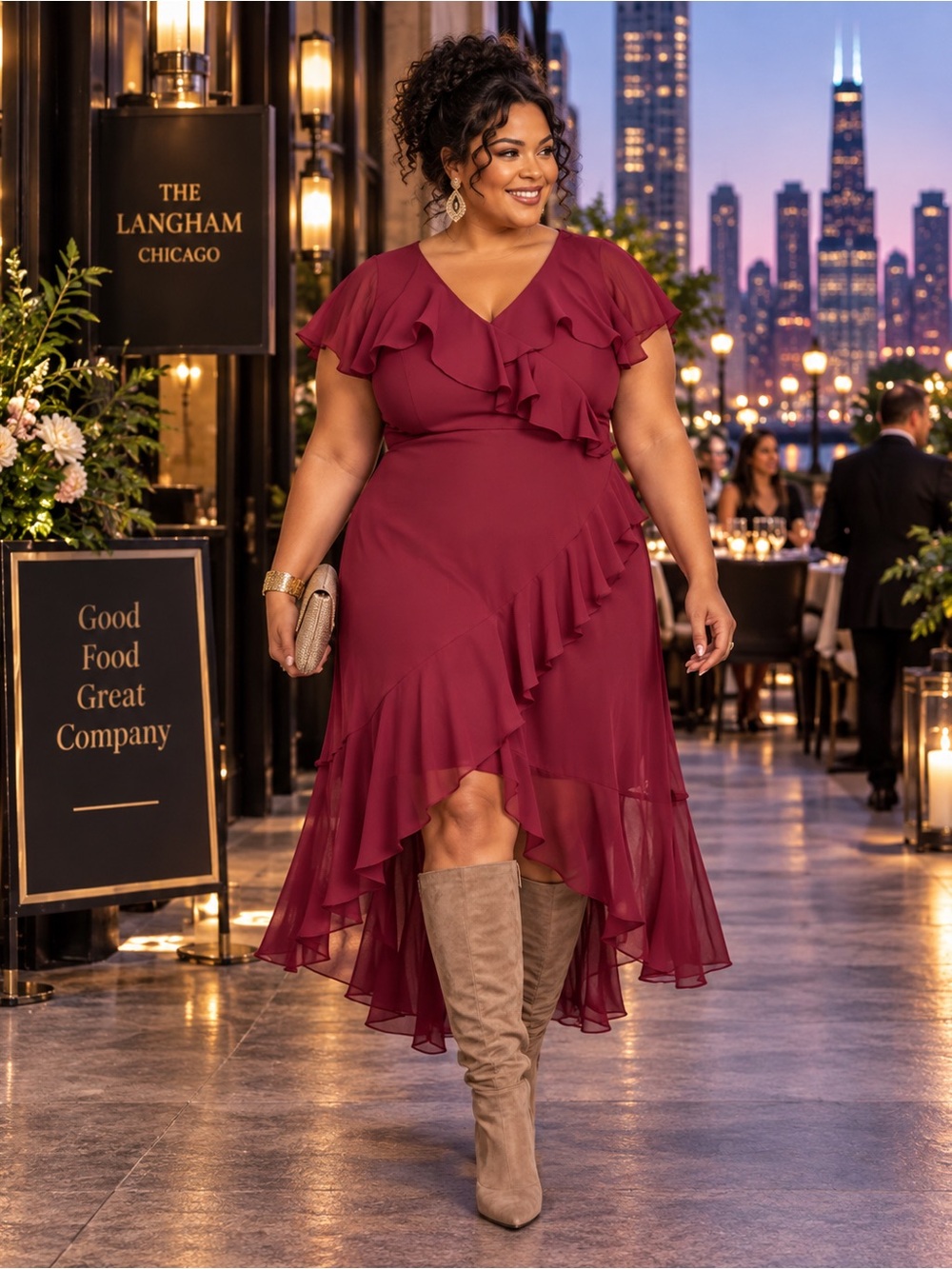 DKNY NWT Burgundy Chiffon Ruffle High-Low Midi Dress 18W